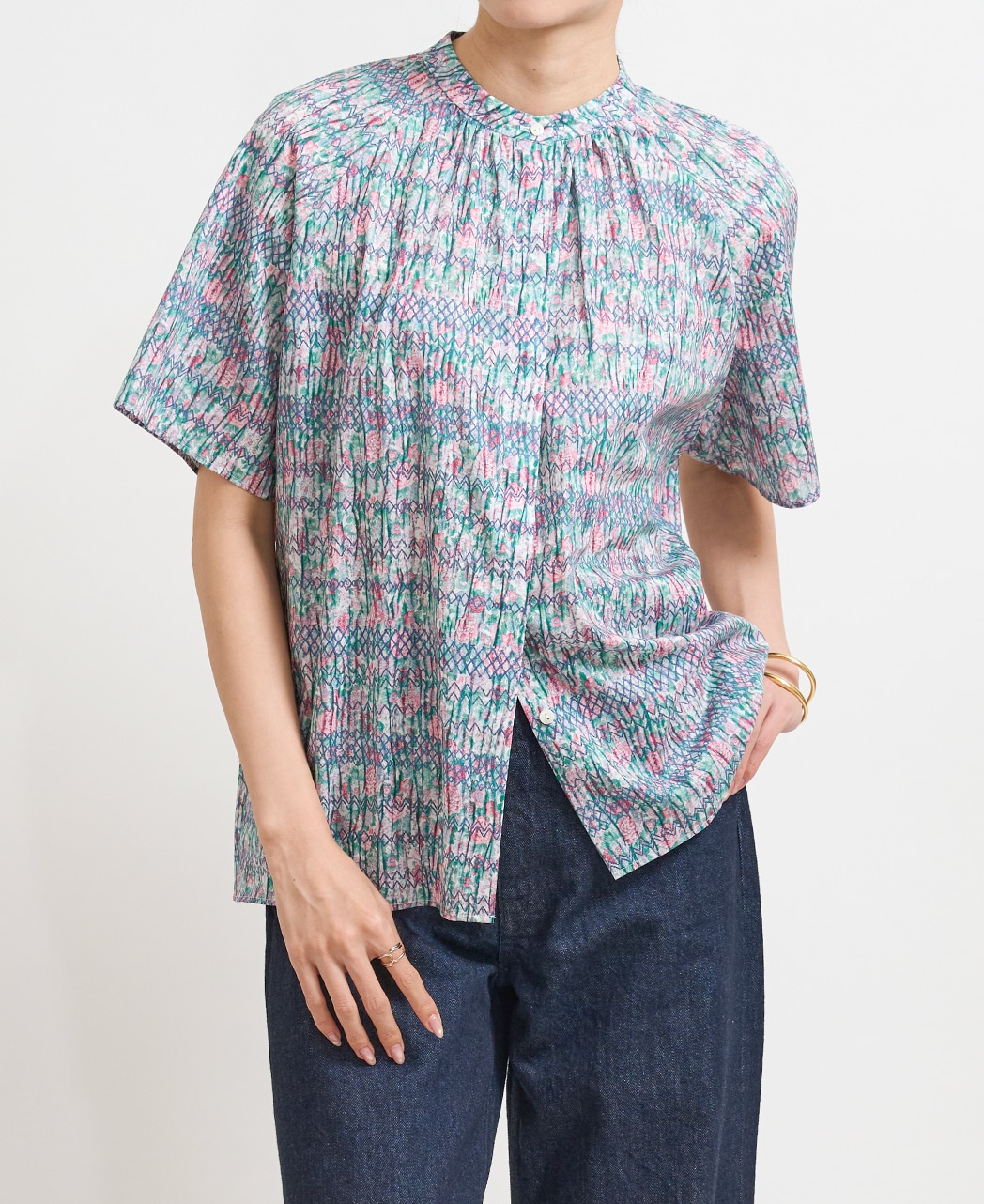 半袖シャツ/スタンドギャザー