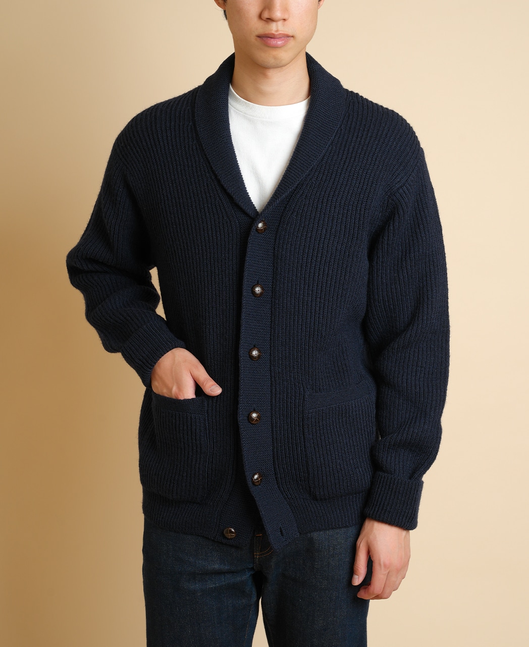 5Gショールカラーカーディガン(XL ネイビー系): メンズ｜メーカーズ