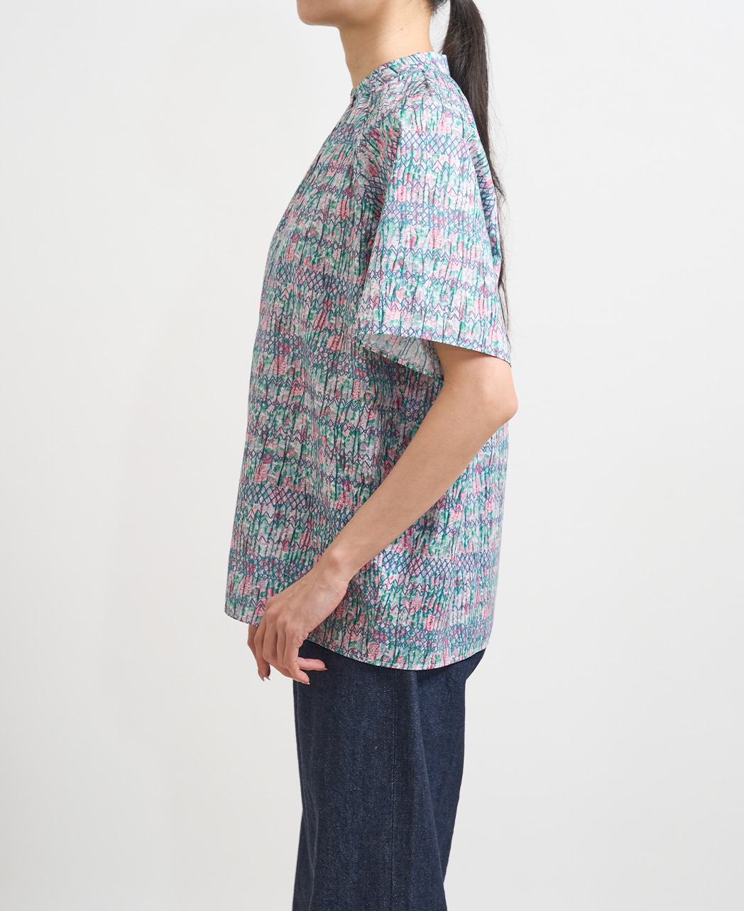 半袖シャツ/スタンドギャザー