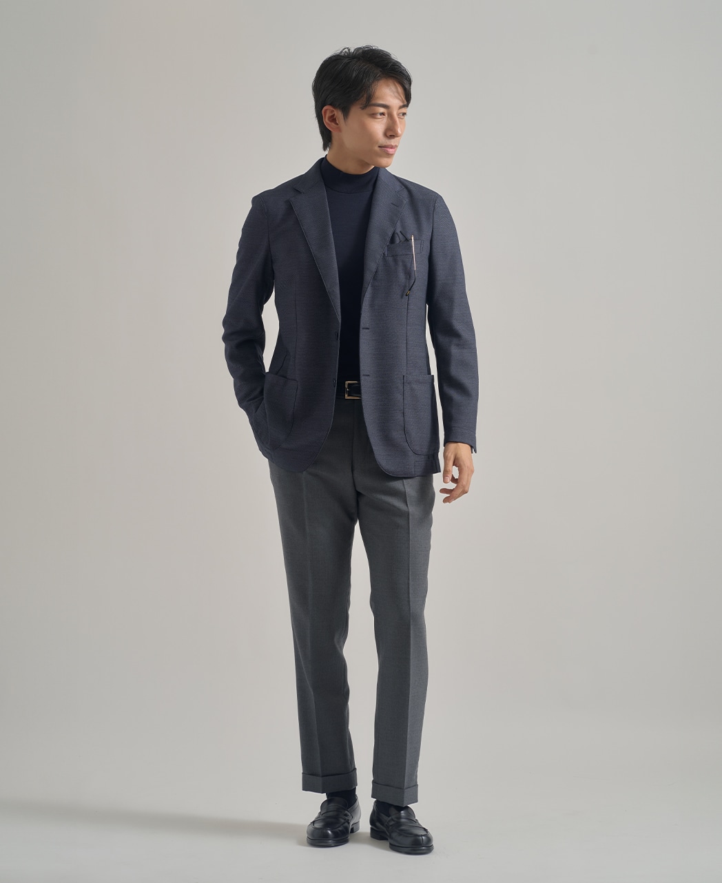 メリノウールTシャツ/モックネック / ネイビー系