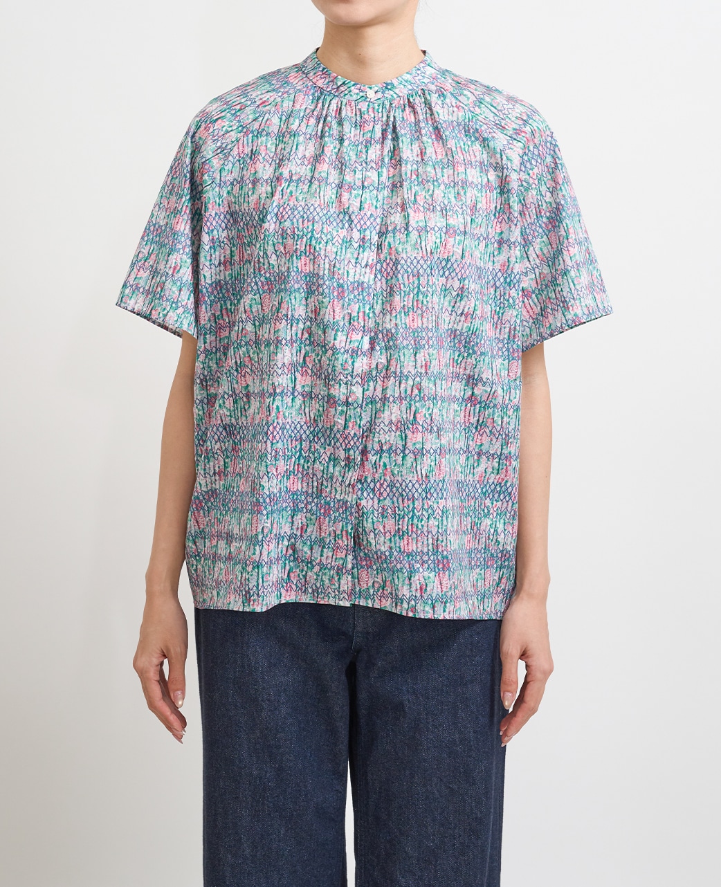 半袖シャツ/スタンドギャザー